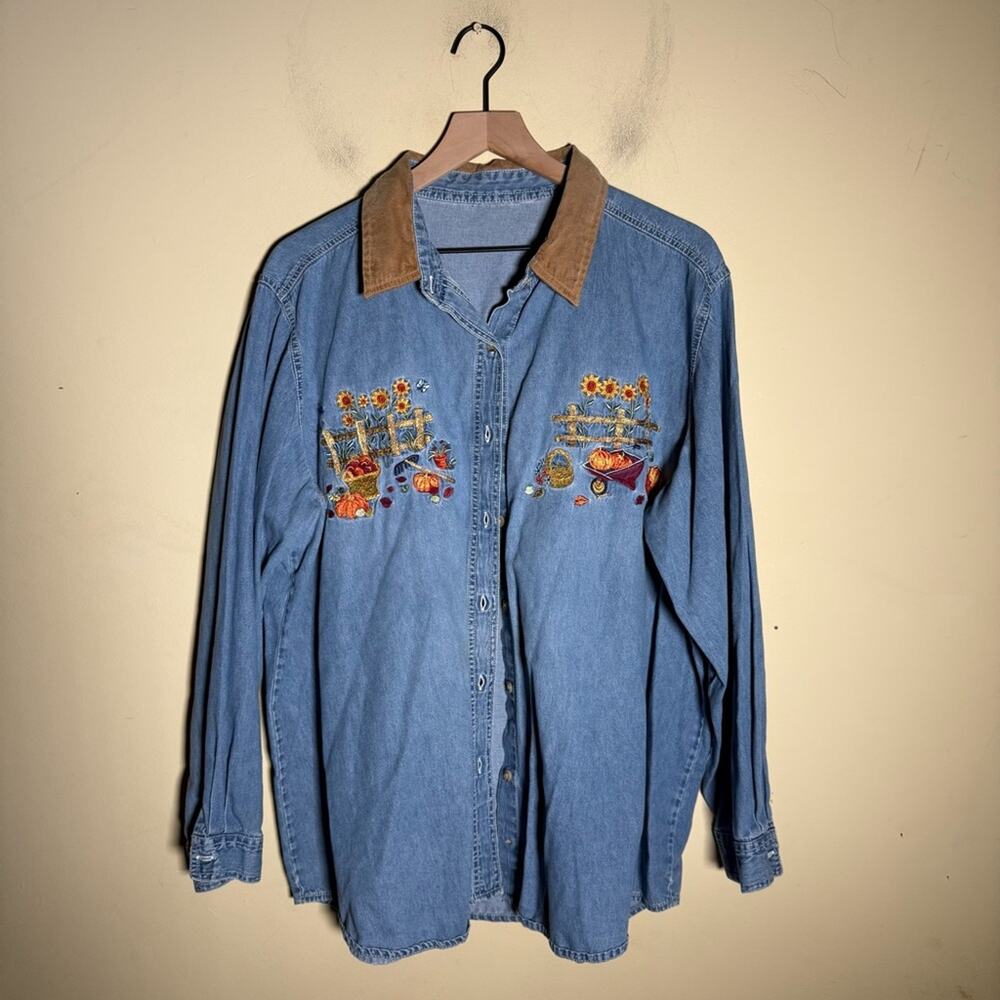 VINTAGe Embroidered Denim Shirt with Fall Thanksgiving design w suede collar XL - Picture 6 of 6
